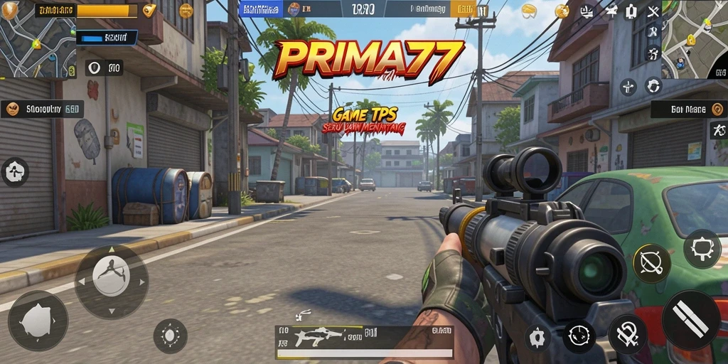 Screenshot gameplay PRIMA77 menunjukkan aksi pertempuran seru di medan perang.